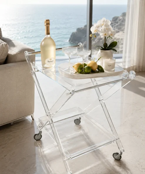 Carrello bar in plexiglass trasparente con champagne e vista mare elegante