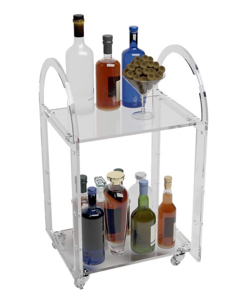 Carrello bar in plexiglass trasparente utilizzato come mobile bar in un soggiorno moderno